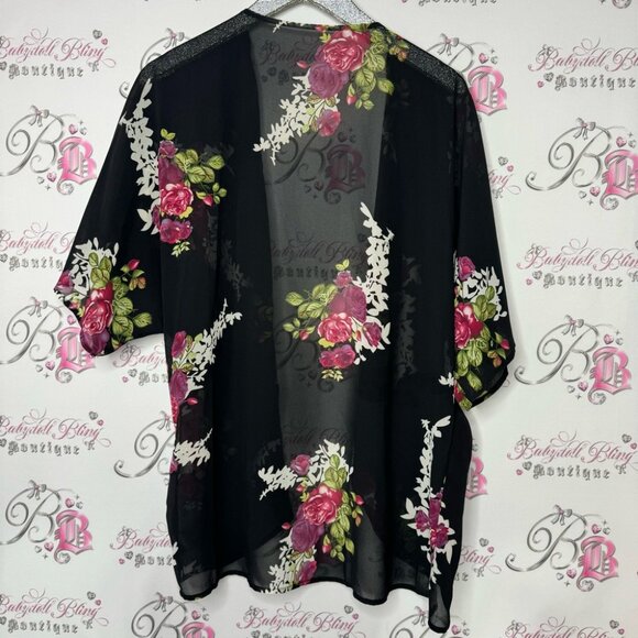 Floral cardigan sheer black pink red green flowers 💐 light weight kimono 👘 - Picture 4 of 5
